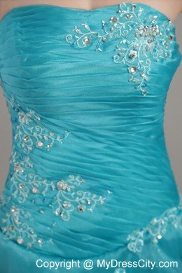 Organza Strapless Long Appliques and Beading Ruched Prom Dress