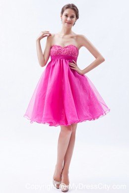 Organza A-line Sweetheart Mini-length Hot Pink Prom Dress with Beading