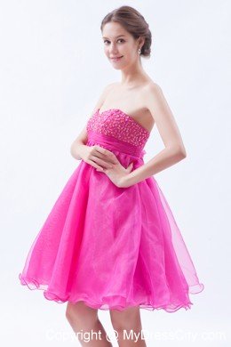 Organza A-line Sweetheart Mini-length Hot Pink Prom Dress with Beading