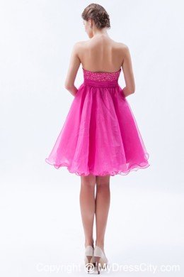 Organza A-line Sweetheart Mini-length Hot Pink Prom Dress with Beading