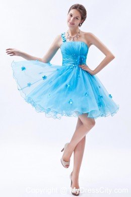 Baby Blue One Shoulder Floral Embellishment Short Prom Dress 2013