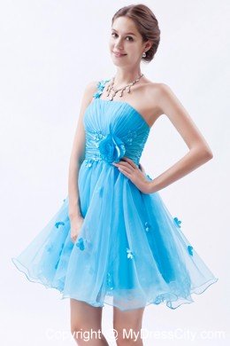 Baby Blue One Shoulder Floral Embellishment Short Prom Dress 2013