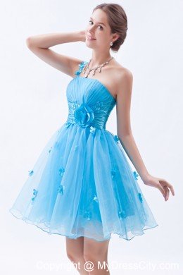 Baby Blue One Shoulder Floral Embellishment Short Prom Dress 2013