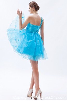 Baby Blue One Shoulder Floral Embellishment Short Prom Dress 2013