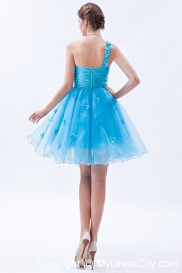 Baby Blue One Shoulder Floral Embellishment Short Prom Dress 2013