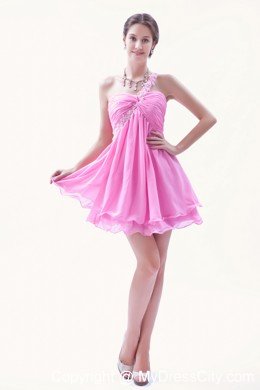 Single Shoulder Chiffon Appliques Rose Pink Mini-length Dress for Prom