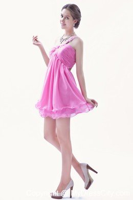 Single Shoulder Chiffon Appliques Rose Pink Mini-length Dress for Prom