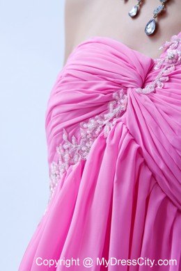 Single Shoulder Chiffon Appliques Rose Pink Mini-length Dress for Prom