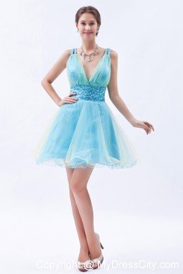 Organza A-line Princess V-neck Beading 2013 Blue Prom Dress for Girls