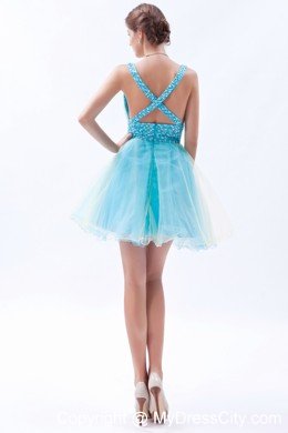 Organza A-line Princess V-neck Beading 2013 Blue Prom Dress for Girls