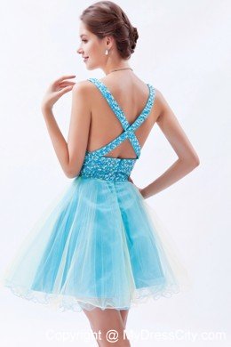 Organza A-line Princess V-neck Beading 2013 Blue Prom Dress for Girls