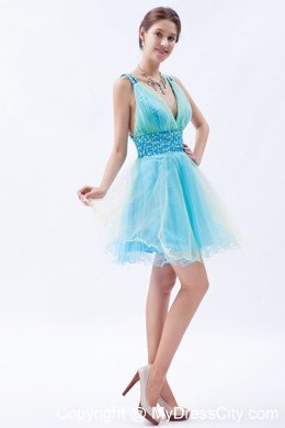 Organza A-line Princess V-neck Beading 2013 Blue Prom Dress for Girls
