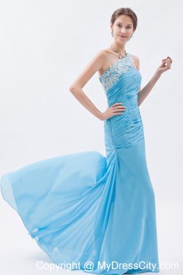 Ruched Mermaid One Shoulder Brush Train Baby Blue Prom Dress