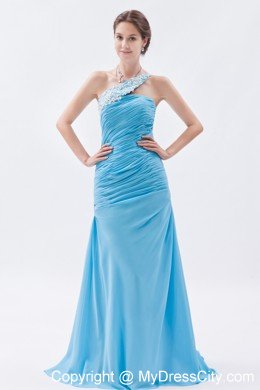 Ruched Mermaid One Shoulder Brush Train Baby Blue Prom Dress