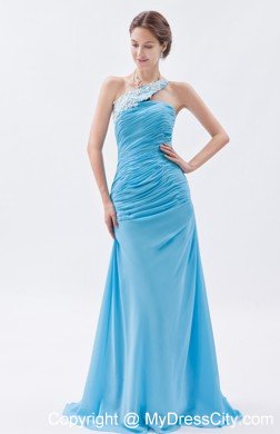 Ruched Mermaid One Shoulder Brush Train Baby Blue Prom Dress