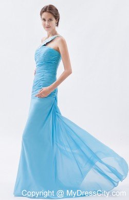 Ruched Mermaid One Shoulder Brush Train Baby Blue Prom Dress