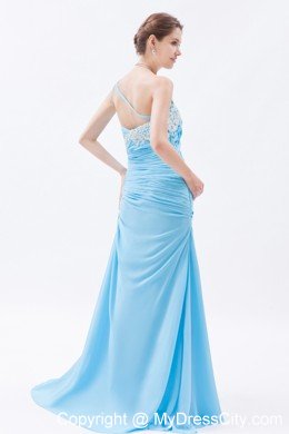Ruched Mermaid One Shoulder Brush Train Baby Blue Prom Dress
