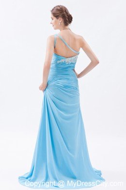 Ruched Mermaid One Shoulder Brush Train Baby Blue Prom Dress