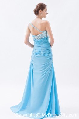 Ruched Mermaid One Shoulder Brush Train Baby Blue Prom Dress