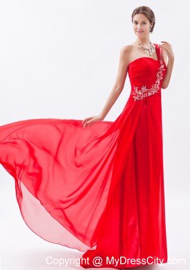 One Shoulder Chiffon Empire Red Prom Dress with Brush Train