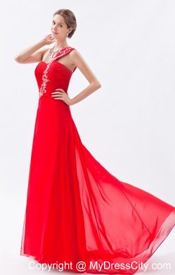 One Shoulder Chiffon Empire Red Prom Dress with Brush Train