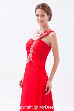 One Shoulder Chiffon Empire Red Prom Dress with Brush Train