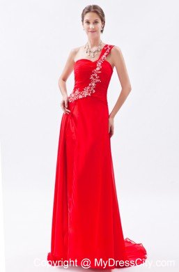One Shoulder Chiffon Empire Red Prom Dress with Brush Train