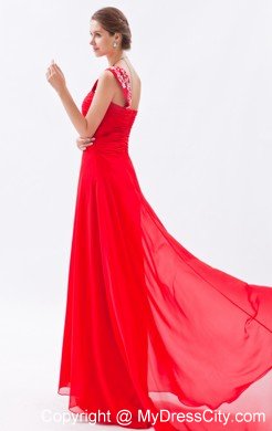 One Shoulder Chiffon Empire Red Prom Dress with Brush Train