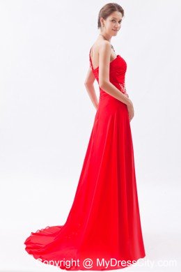 One Shoulder Chiffon Empire Red Prom Dress with Brush Train