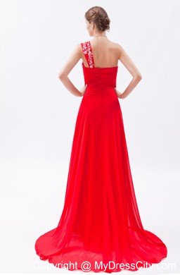 One Shoulder Chiffon Empire Red Prom Dress with Brush Train