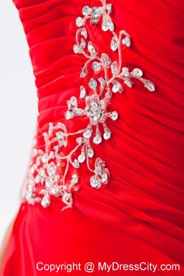 One Shoulder Chiffon Empire Red Prom Dress with Brush Train