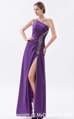 Beaded High Slits Cutout Back Purple Prom Dress with Single Shoulder