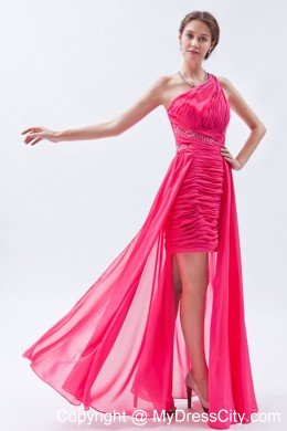 High-low One Shoulder Ruches Hot Pink Chiffon Prom Dress for Girls