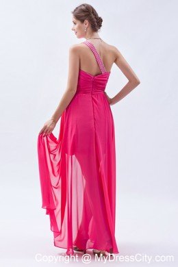 High-low One Shoulder Ruches Hot Pink Chiffon Prom Dress for Girls