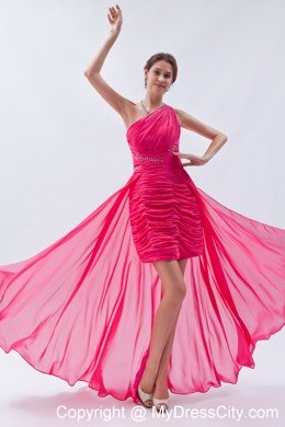High-low One Shoulder Ruches Hot Pink Chiffon Prom Dress for Girls