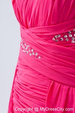 High-low One Shoulder Ruches Hot Pink Chiffon Prom Dress for Girls