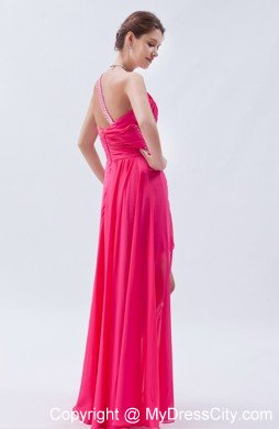 High-low One Shoulder Ruches Hot Pink Chiffon Prom Dress for Girls