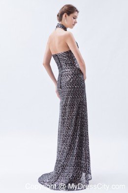 Sheath Sequin Side Cutouts Brush Train Prom Dress with Halter Neck