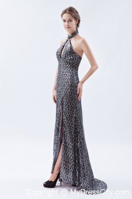 Sheath Sequin Side Cutouts Brush Train Prom Dress with Halter Neck