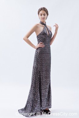 Sheath Sequin Side Cutouts Brush Train Prom Dress with Halter Neck