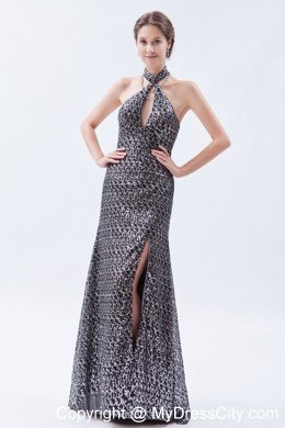 Sheath Sequin Side Cutouts Brush Train Prom Dress with Halter Neck