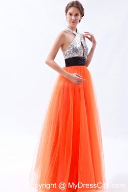 Empire Tulle Sequined Orange Red Prom Dress with Cut Out