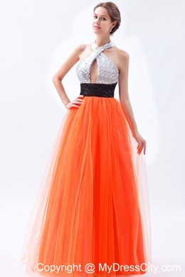 Empire Tulle Sequined Orange Red Prom Dress with Cut Out