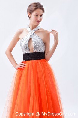 Empire Tulle Sequined Orange Red Prom Dress with Cut Out