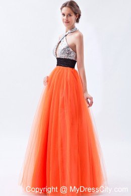 Empire Tulle Sequined Orange Red Prom Dress with Cut Out