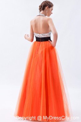 Empire Tulle Sequined Orange Red Prom Dress with Cut Out