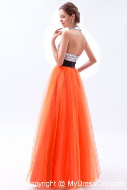 Empire Tulle Sequined Orange Red Prom Dress with Cut Out