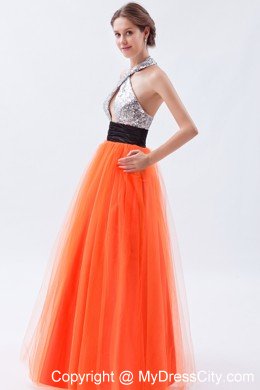 Empire Tulle Sequined Orange Red Prom Dress with Cut Out