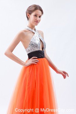 Empire Tulle Sequined Orange Red Prom Dress with Cut Out