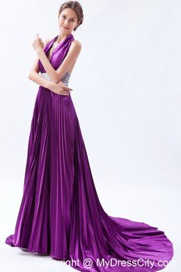 Halter Backless Sequins Pleats Eggplant Purple Prom Dress with Court Train